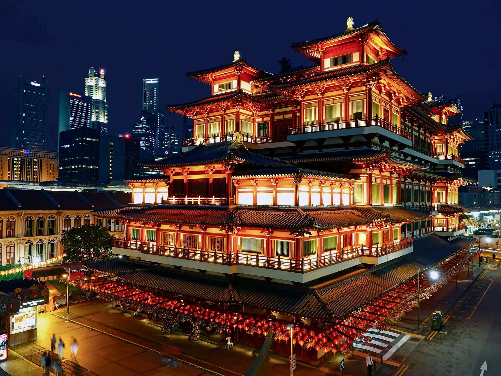 a Chinese style building well lit at night