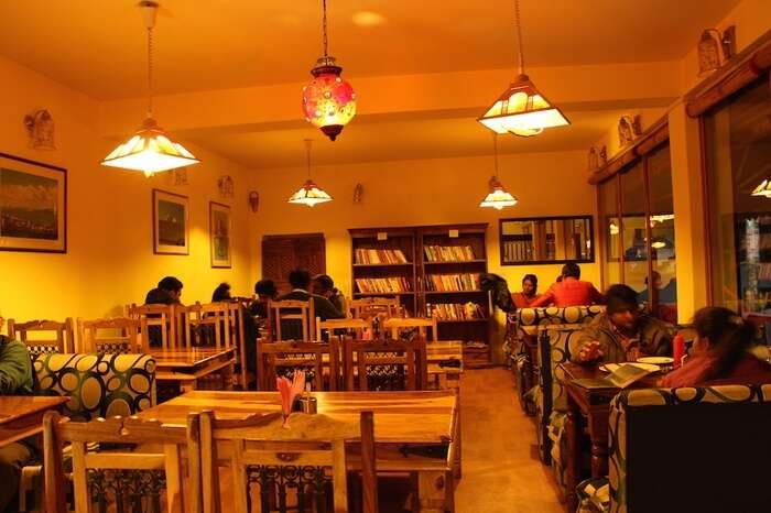 A cafe with wooden decor