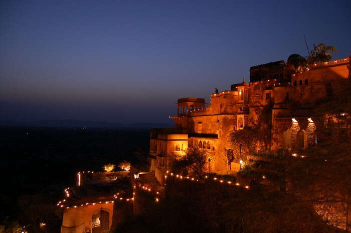 A night shot of the Neemrana Fort Palace in Alwar