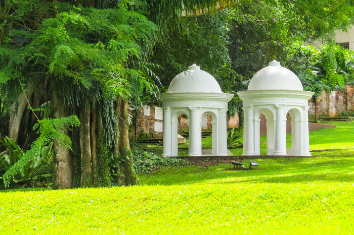 two white gazebos in a park