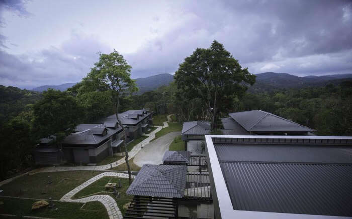 a top view of Mountain Courtyard at night 