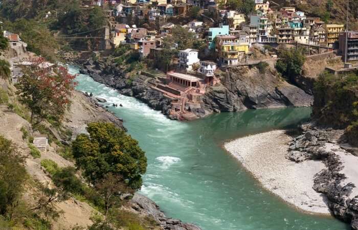 The confluence of Alaknanda and Bhagirathi in Devprayag in Uttarakhand