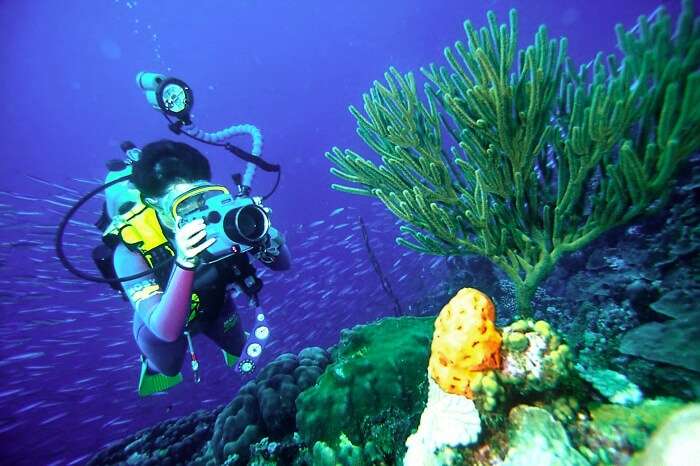 A tourist enjoys scuba diving in Sihanoukville in Cambodia in summer