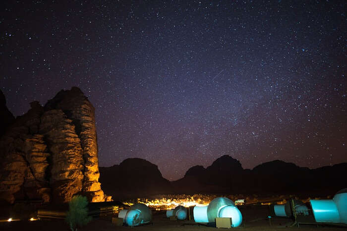 Camping under the starry night sky at Wadi Rum in Jordan