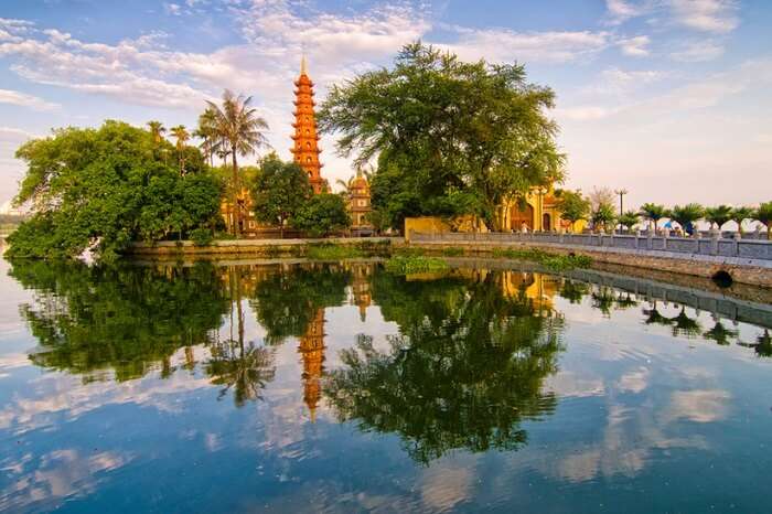 An early morning shot of Tran Quoc pagoda at the shores of West Lake in Hanoi