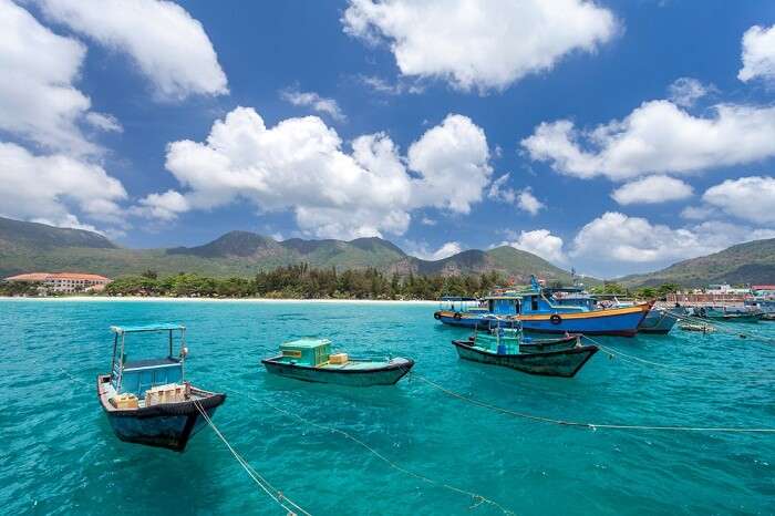 Vietnamese fishing boats on a tropical Con Dao Island