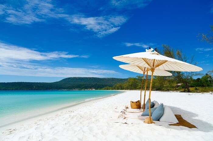 Landscape photo of beautiful white sand exotic beach on Koh Rong island in Cambodia