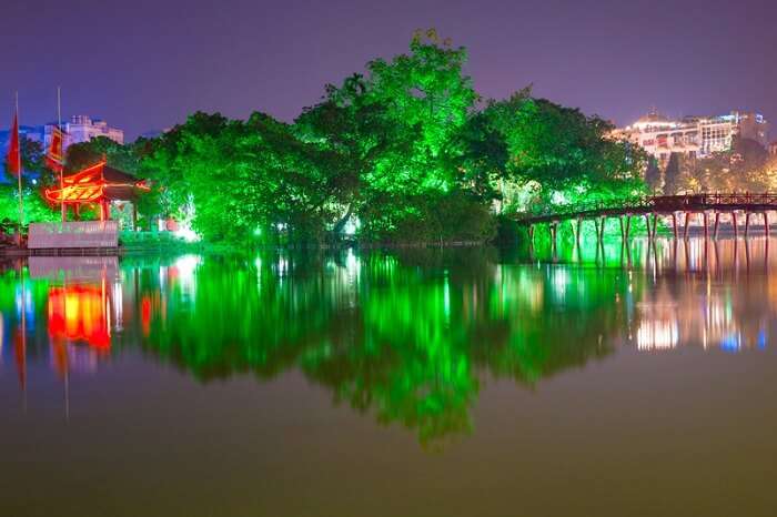 Night shot of Red Bridge in Hoan Kiem Lake in Hanoi