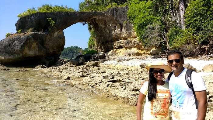 couple at Natural Coral Bridge, Andaman