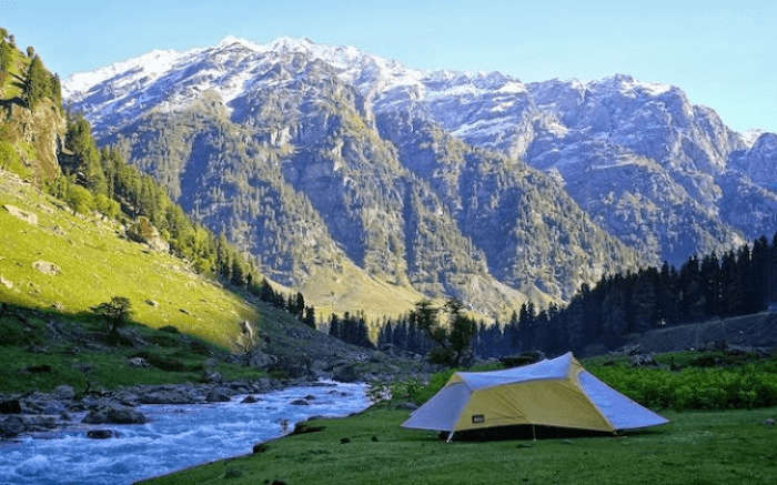 A camp by the riverside in Aru Valley in Kashmir