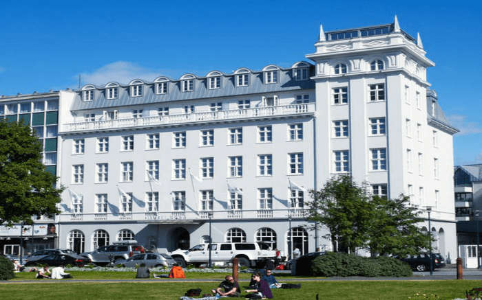 A front view of Hotel Borg in Iceland 