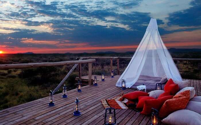 A romantic set up overlooking the sunset in Madikwe in South Africa 