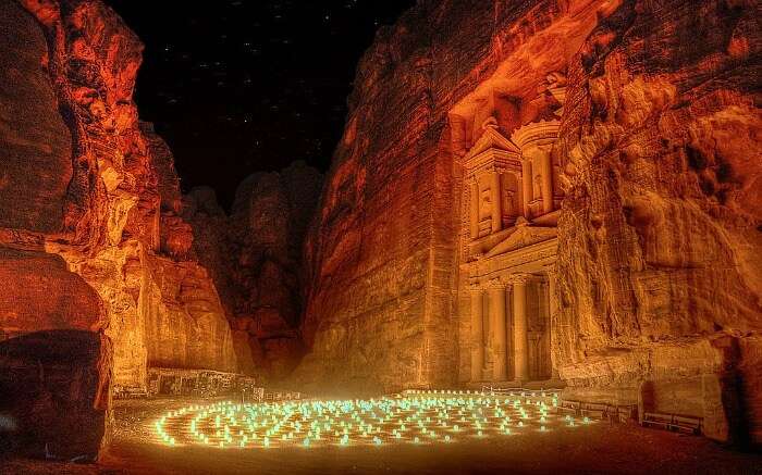 Petra illuminated by candles at night