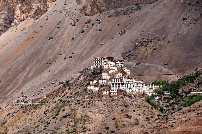 A distant view of Kye monastery and surrounding landscape