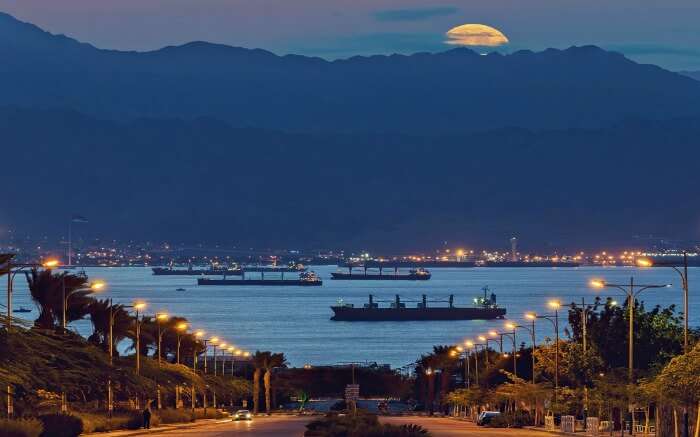 Supermoon phenomenon as seen from the coastal area of Eliat in Israel