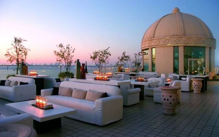 The elegant rooftop dining area of Dome International in Churchgate in Mumbai