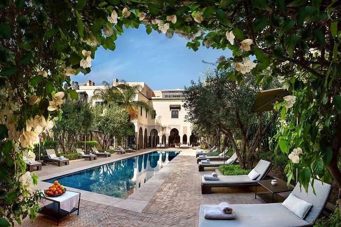 A view of the private swimming pool at the Villa des Orangers Riad in Marrakech in Morocco
