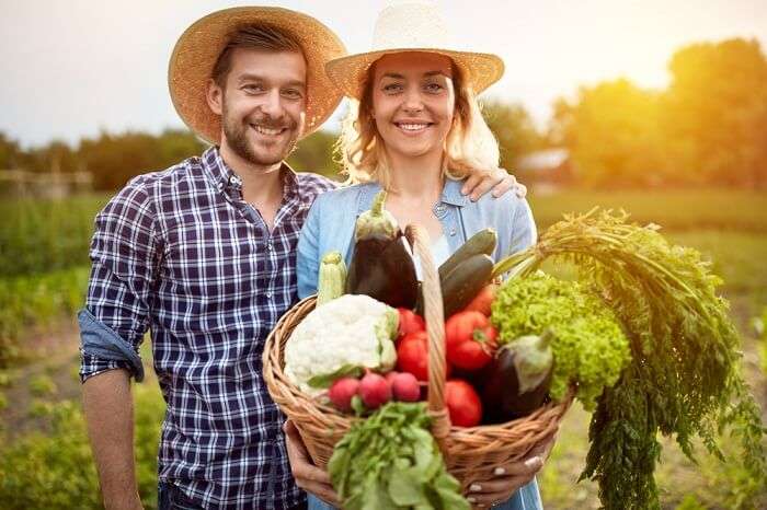 A couple posing with basket with vegetables on their volunteer honeymoon