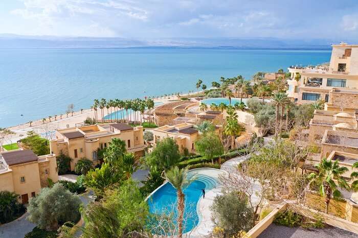 An aerial shot of the Kempinski Ishtar hotel in Dead Sea region of Jordan