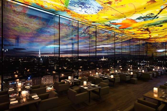 Skyline view from a glass covered restaurant