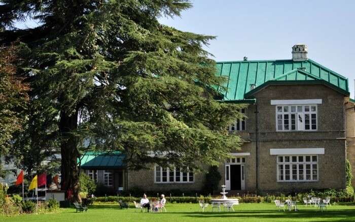 People sitting in the lawn area of Chail Palace