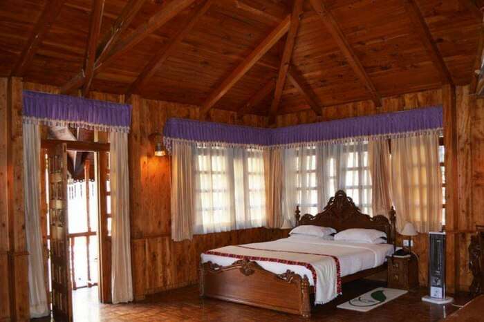 Wooden interiors of one of the cottages of The Himalayan Village in Kasol