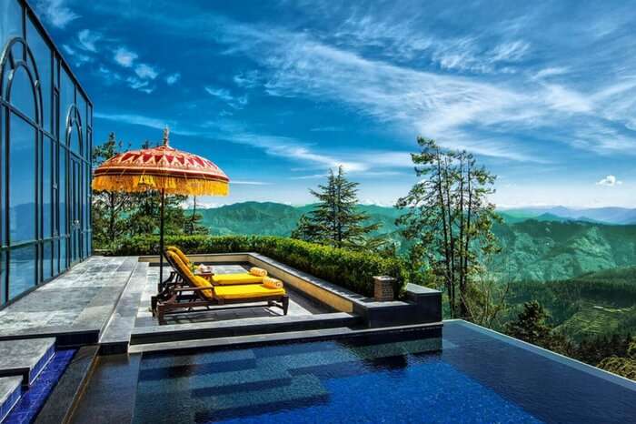 Infinity pool on the rooftop of Windflower Hall in Shimla