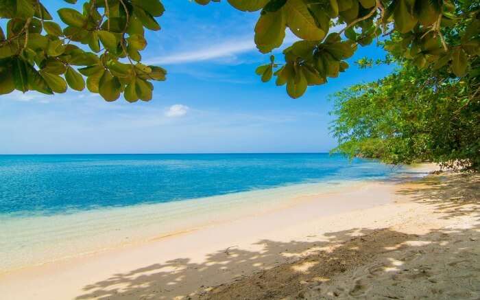 blue waters of Negril beach merging with brown sand 