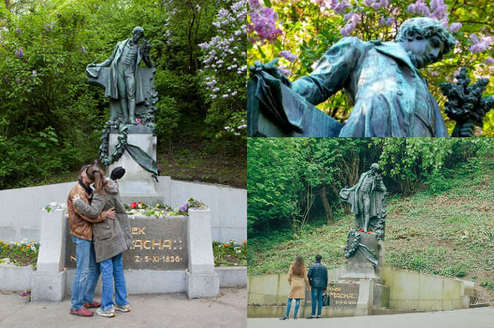 A couple showing scenes from May Day kiss at Macha Statue in Prague