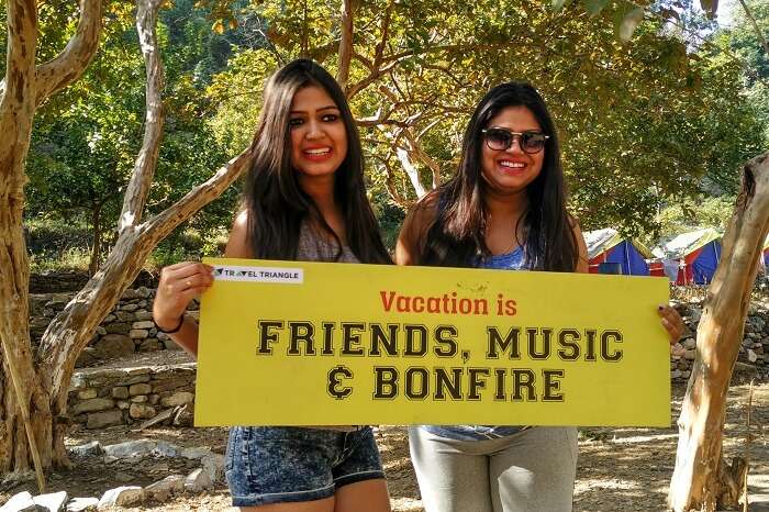 Girls at the campsite on a weekend trip from Delhi to Lansdowne