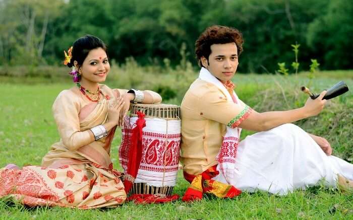 A couple from Assam dressed in traditional attire 