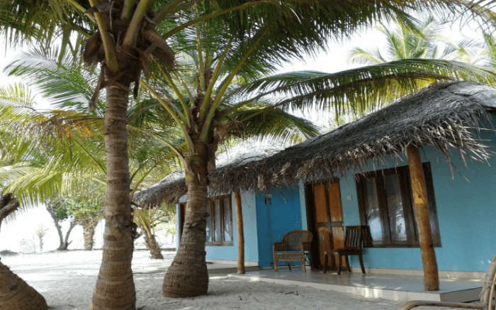 A thatched roof cottage surrounded by palm trees 