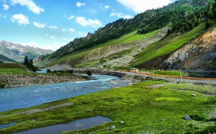 A view of Dras River cutting through the valley in Kargil