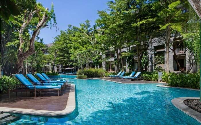 An outdoor pool surrounded by trees 