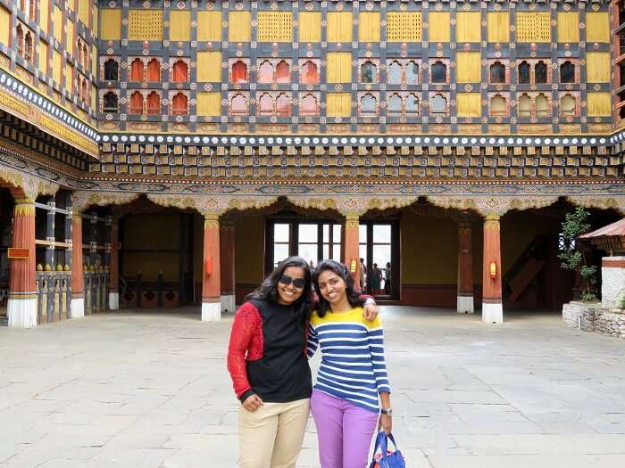 monali and friends at bhutan's monastery