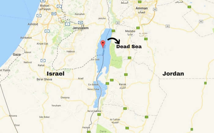 Map depiction of the Dead Sea landlocked by Israel and Jordan