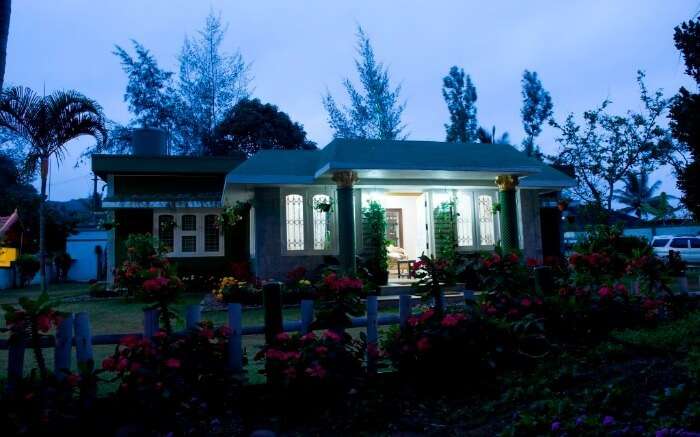 The front of the main bungalow of Bird of Paradise Homestay in Coorg 