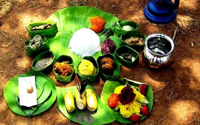 Traditional Manipuri food on banana leaves v