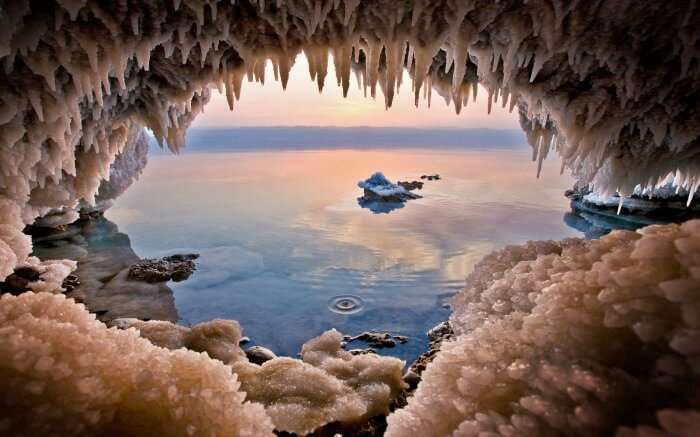 Cave on the Jordanian shore of the Dead Sea near Zara Spring