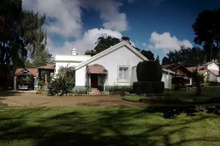 Beautiful front view of Lymond House in Ooty on a cloudy day