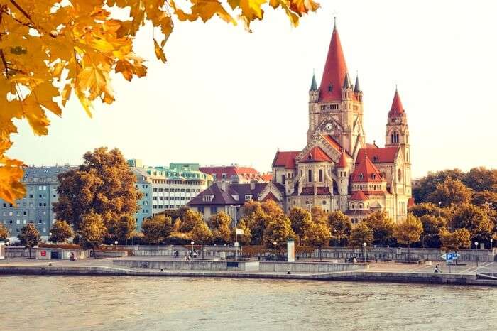 Autumn view of Church Heiliger Franz in Mexikoplatz in Vienna