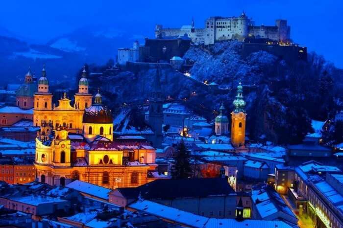 Salzburg draped in snow and twilight