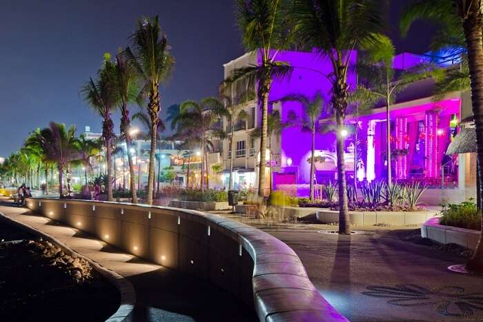 Seaside promenade at night in Puerto Vallarta