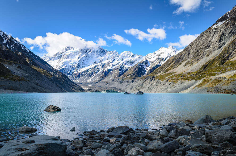 Hooker Glacier Lake surrounded by snow capped mountains