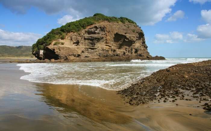 A picturesque cliff by the beach at the Bethells Beach near Auckland 