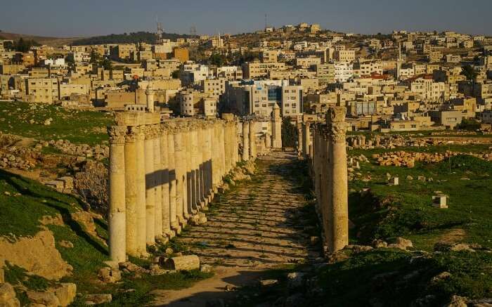 Ancient Jerash and modern Jerash in one picture 