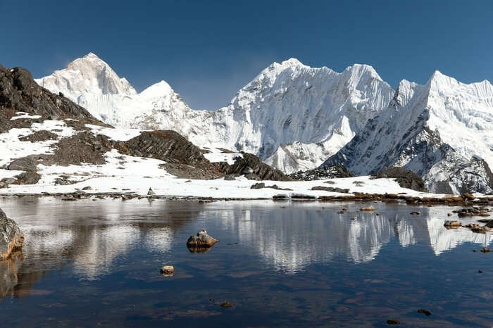 snowcapped mountains and a lake in Makalu Base