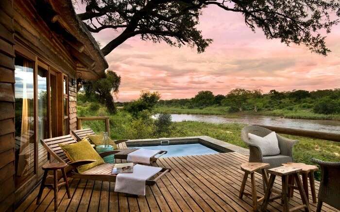 Pool and relaxing area at Lion Sands Narina Lodge in Kruger National Park in South Africa 