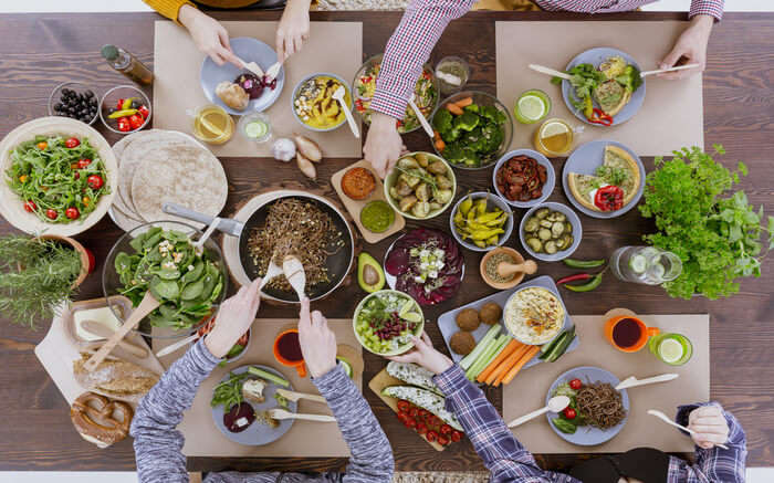 Top view of a table filled with food 