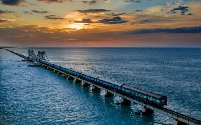 An Indian Railway train crossing the Sea Bridge near Rameshwaram